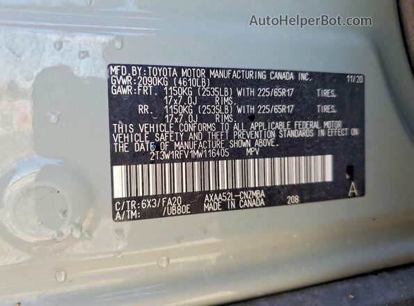 2T3W1RFV1MW116405 2021 TOYOTA RAV4 Gray VIN կոդի պիտակի տեսք