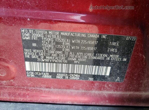 2T3W1RFV1PW286106 2023 TOYOTA RAV4 Maroon Widok naklejki z numerem VIN