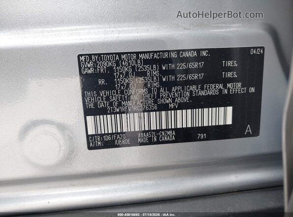 2T3W1RFV1RC276356 2024 TOYOTA RAV4 Gray Engine compartment view