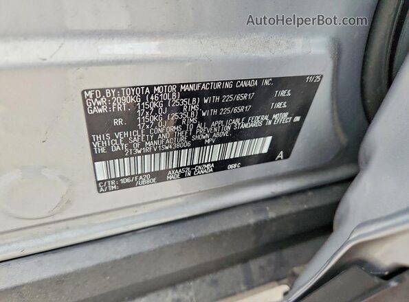 2T3W1RFV1SW438006 2025 TOYOTA RAV4 Silver Widok naklejki z numerem VIN