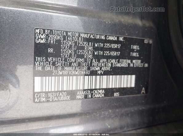 2T3W1RFV2KW014480 2019 TOYOTA RAV4 Серый Вид подкапотного пространства