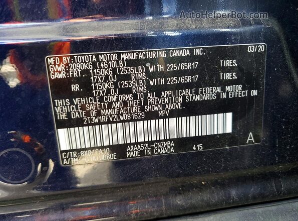 2T3W1RFV2LW081629 2020 TOYOTA RAV4 Blue Շարժիչի բաժամունքի տեսք