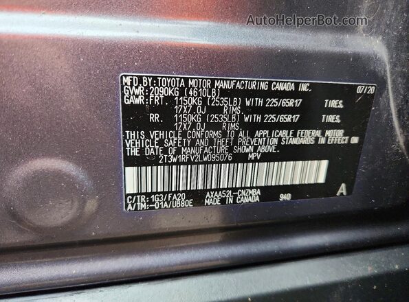 2T3W1RFV2LW095076 2020 TOYOTA RAV4 Charcoal VIN კოდის სტიკერის ხედი