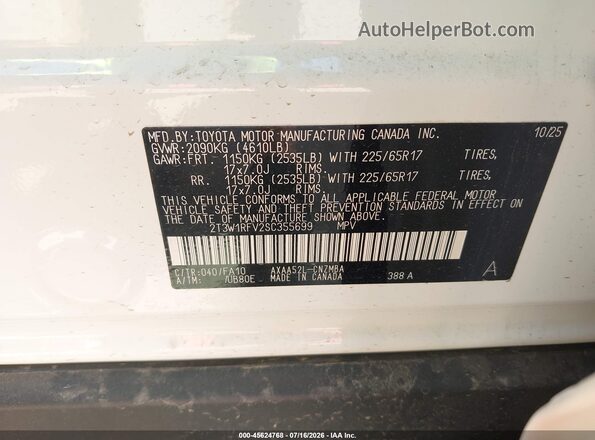 2T3W1RFV2SC355699 2025 TOYOTA RAV4 White Engine compartment view