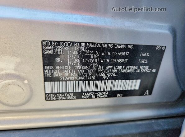 2T3W1RFV3KW031420 2019 TOYOTA RAV4 Silver Вид підкапотного простору