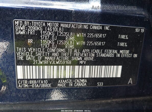 2T3W1RFV3LW059168 2020 TOYOTA RAV4 Blue ძრავის განყოფილების ხედი