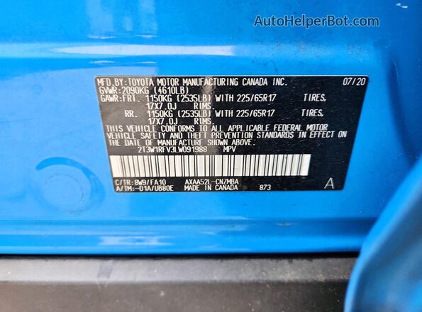 2T3W1RFV3LW091988 2020 TOYOTA RAV4 Blue Vista de la etiqueta del VIN