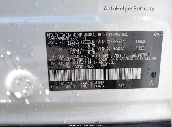 2T3W1RFV3NC177855 2022 TOYOTA RAV4 White ძრავის განყოფილების ხედი