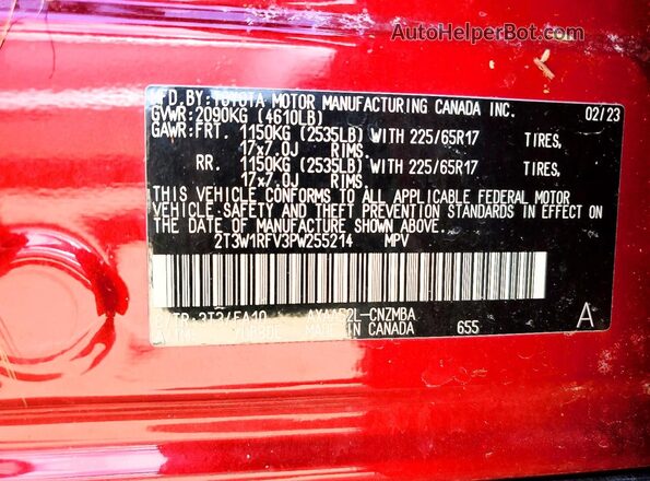 2T3W1RFV3PW255214 2023 TOYOTA RAV4 Red VIN կոդի պիտակի տեսք