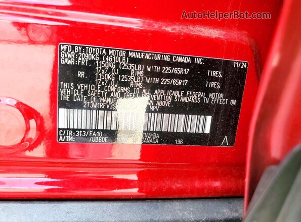 2T3W1RFV3SW365754 2025 TOYOTA RAV4 Red VIN կոդի պիտակի տեսք