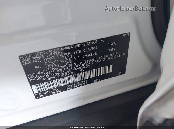 2T3W1RFV3SW426956 2025 TOYOTA RAV4 White ძრავის განყოფილების ხედი