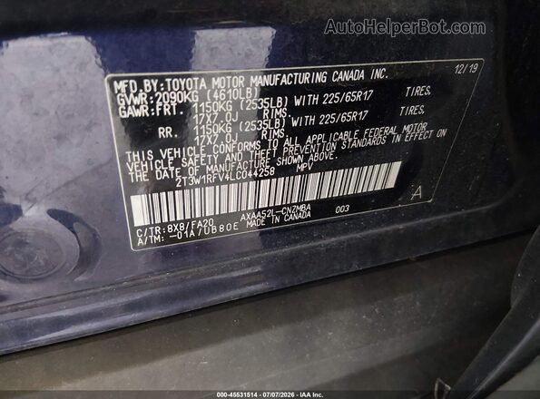 2T3W1RFV4LC044258 2020 TOYOTA RAV4 Blue Շարժիչի բաժամունքի տեսք