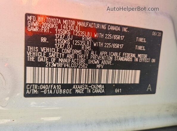 2T3W1RFV4LC072562 2020 TOYOTA RAV4 White Вид наклейки з VIN-кодом