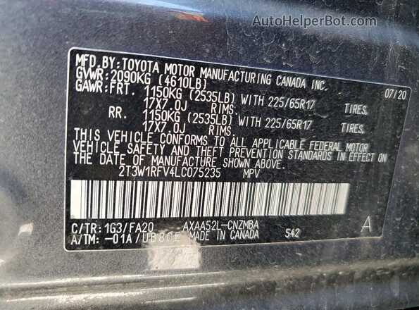 2T3W1RFV4LC075235 2020 TOYOTA RAV4 Gray Вид наклейки з VIN-кодом