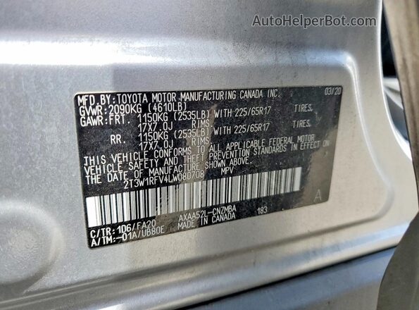 2T3W1RFV4LW080708 2020 TOYOTA RAV4 Silver Vista de la etiqueta del VIN