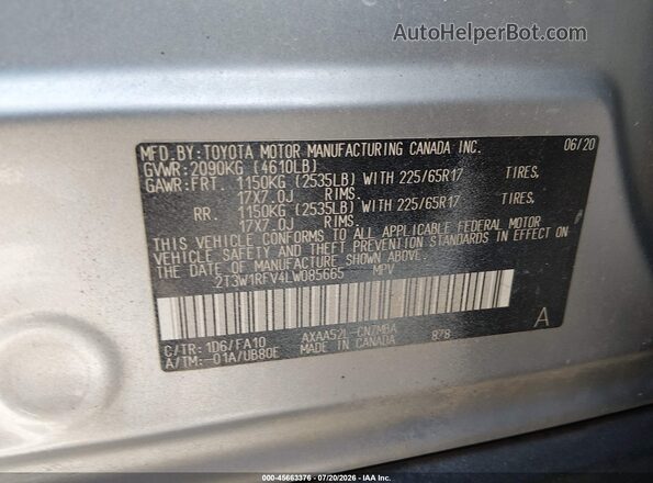 2T3W1RFV4LW085665 2020 TOYOTA RAV4 Gray Շարժիչի բաժամունքի տեսք