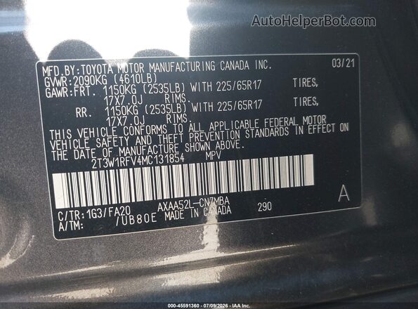 2T3W1RFV4MC131854 2021 TOYOTA RAV4 Серый Вид подкапотного пространства