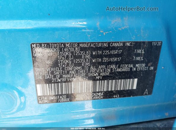 2T3W1RFV4MW117242 2021 TOYOTA RAV4 Blue Widok komory silnika
