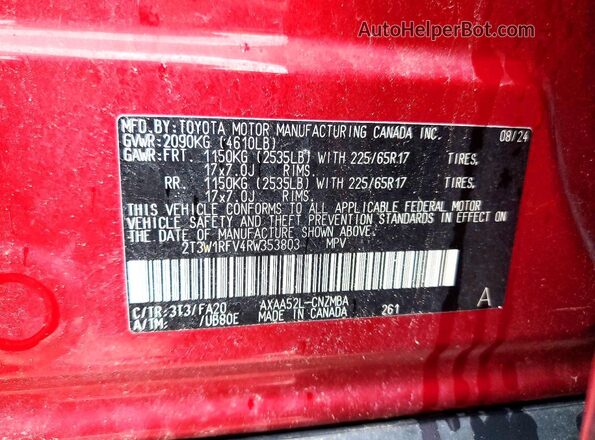 2T3W1RFV4RW353803 2024 TOYOTA RAV4 Red Vista de la etiqueta del VIN
