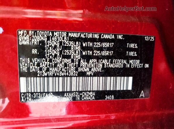 2T3W1RFV4SW443832 2025 TOYOTA RAV4 Red VIN կոդի պիտակի տեսք