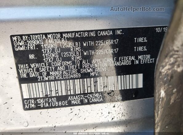 2T3W1RFV5LC034869 2020 TOYOTA RAV4 Silver Engine compartment view