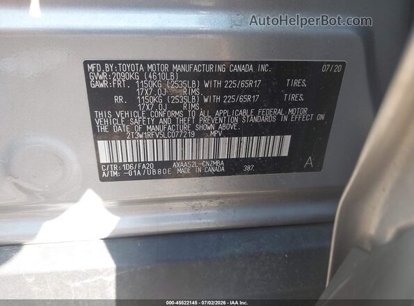 2T3W1RFV5LC077219 2020 TOYOTA RAV4 Silver Շարժիչի բաժամունքի տեսք
