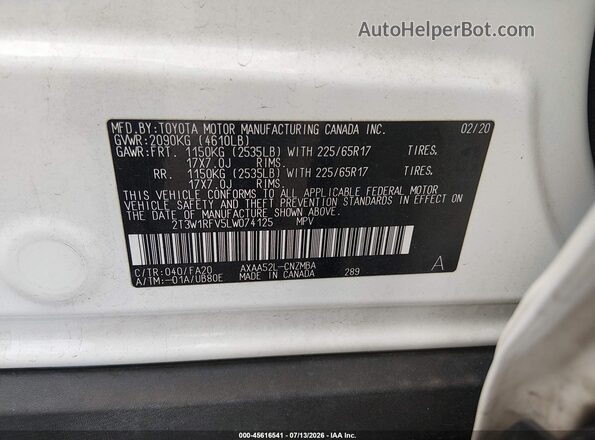 2T3W1RFV5LW074125 2020 TOYOTA RAV4 White Vista del compartimento del motor