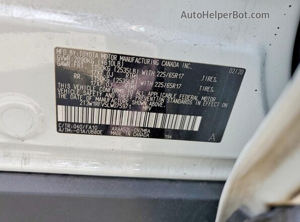 2T3W1RFV5LW075971 2020 TOYOTA RAV4 White Vista de la etiqueta del VIN