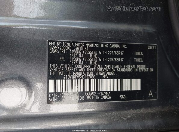 2T3W1RFV5MC127893 2021 TOYOTA RAV4 Gray Engine compartment view