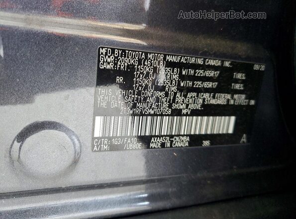 2T3W1RFV5MW107058 2021 TOYOTA RAV4 Gray VIN კოდის სტიკერის ხედი
