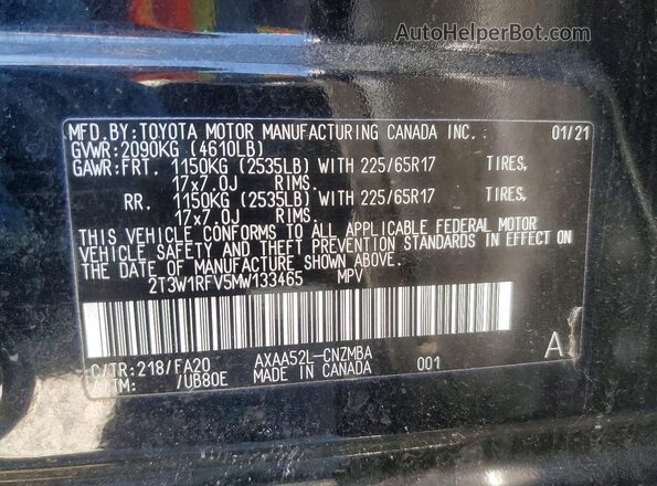 2T3W1RFV5MW133465 2021 TOYOTA RAV4 Black Vista de la etiqueta del VIN