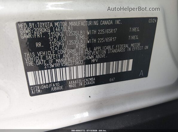 2T3W1RFV5RC273833 2024 TOYOTA RAV4 White Շարժիչի բաժամունքի տեսք