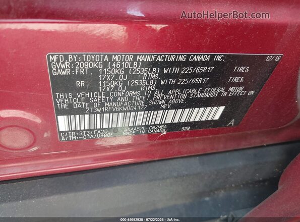 2T3W1RFV6KW004177 2019 TOYOTA RAV4 Red Вид підкапотного простору