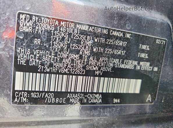 2T3W1RFV6MC122623 2021 TOYOTA RAV4 Gray Vista de la etiqueta del VIN