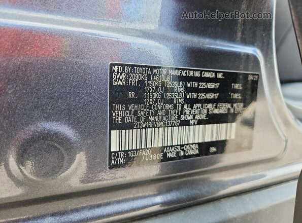2T3W1RFV6MC137767 2021 TOYOTA RAV4 Gray VIN կոդի պիտակի տեսք