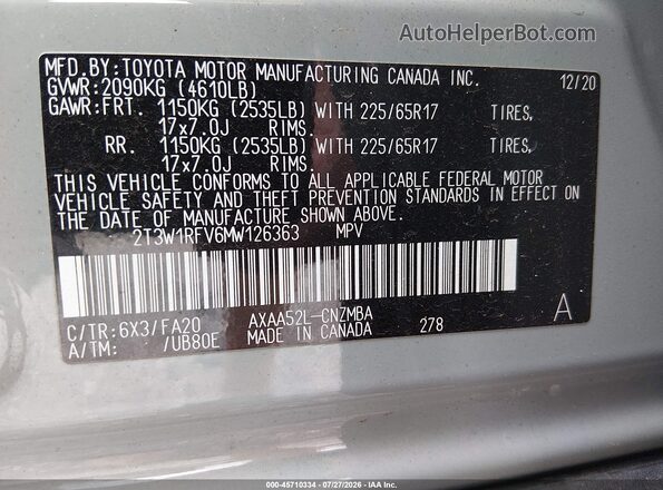 2T3W1RFV6MW126363 2021 TOYOTA RAV4 Gray Vista del compartimento del motor