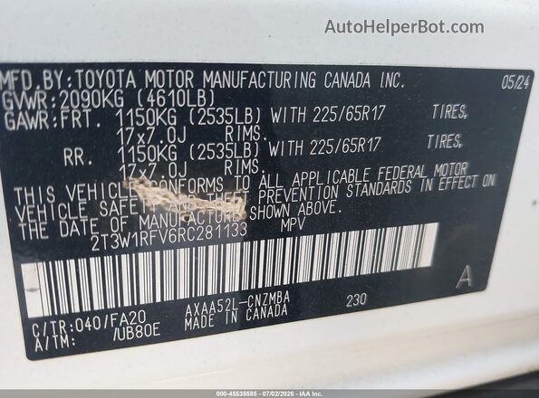 2T3W1RFV6RC281133 2024 TOYOTA RAV4 White Engine compartment view