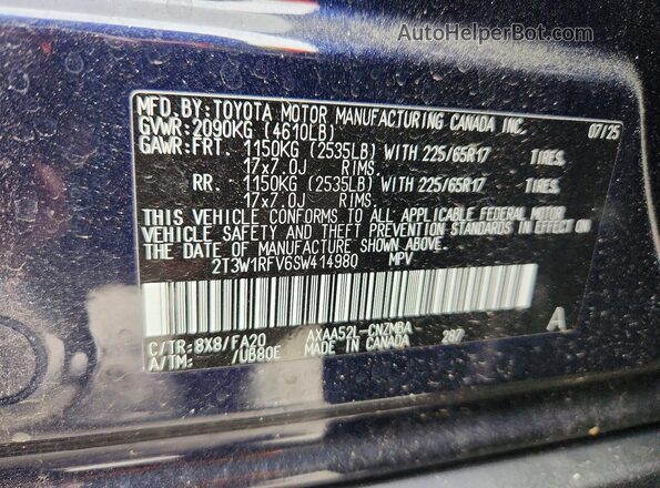 2T3W1RFV6SW414980 2025 TOYOTA RAV4 Синий Вид наклейки с VIN-кодом