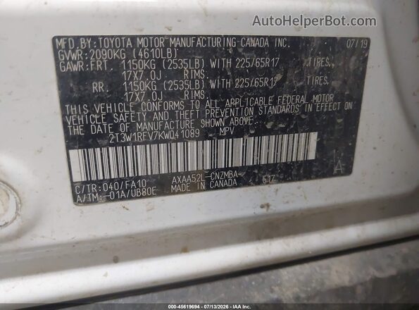 2T3W1RFV7KW041089 2019 TOYOTA RAV4 White Vista del compartimento del motor