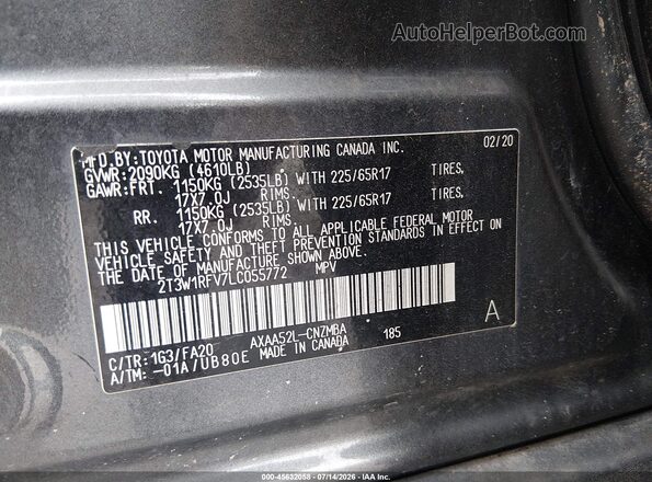 2T3W1RFV7LC055772 2020 TOYOTA RAV4 Gray ძრავის განყოფილების ხედი