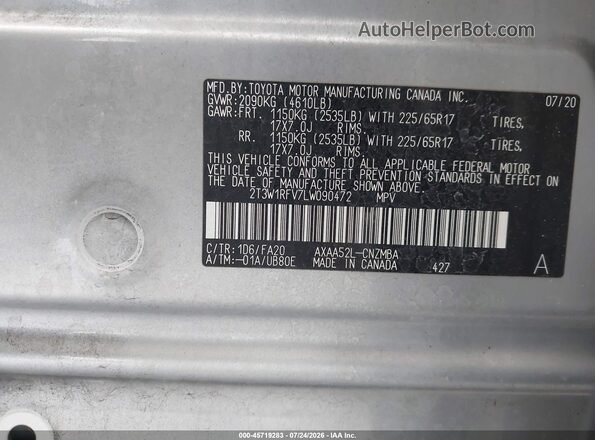 2T3W1RFV7LW090472 2020 TOYOTA RAV4 Silver Вид підкапотного простору