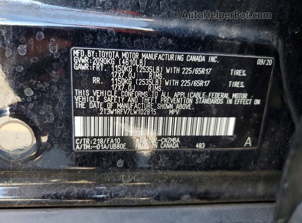 2T3W1RFV7LW102815 2020 TOYOTA RAV4 Black Вид наклейки з VIN-кодом