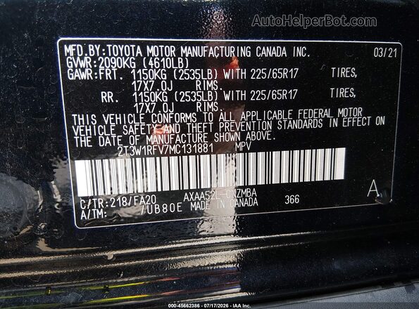 2T3W1RFV7MC131881 2021 TOYOTA RAV4 Черный Вид подкапотного пространства
