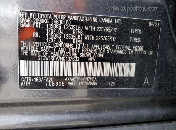 2T3W1RFV7MC137633 2021 TOYOTA RAV4 Gray VIN sticker view