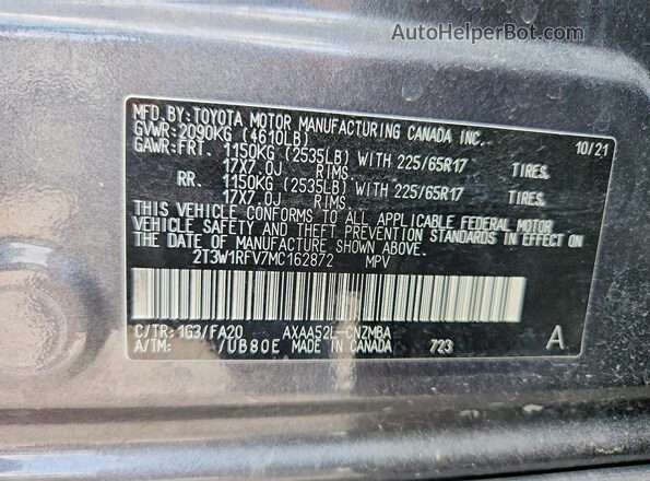2T3W1RFV7MC162872 2021 TOYOTA RAV4 Gray Widok naklejki z numerem VIN