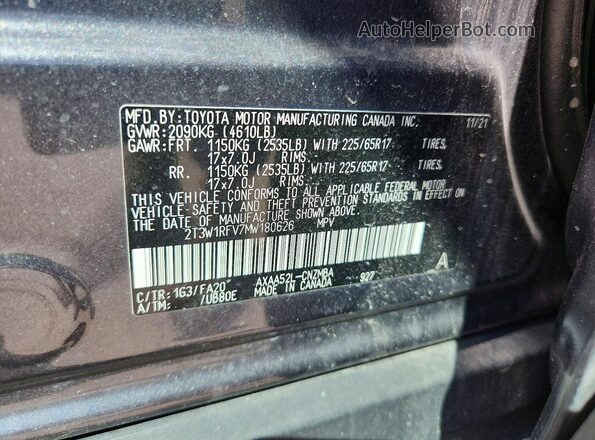 2T3W1RFV7MW180626 2021 TOYOTA RAV4 Gray Vista de la etiqueta del VIN