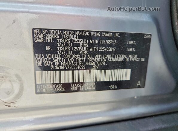 2T3W1RFV7SC334699 2025 TOYOTA RAV4 Silver VIN կոդի պիտակի տեսք