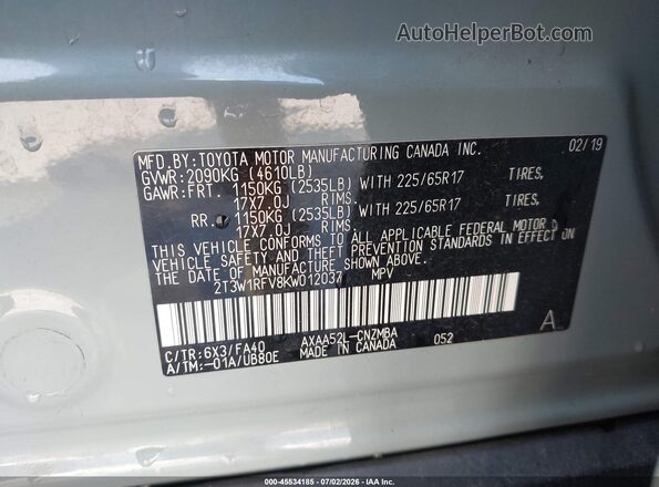 2T3W1RFV8KW012037 2019 TOYOTA RAV4 Pewter Вид підкапотного простору