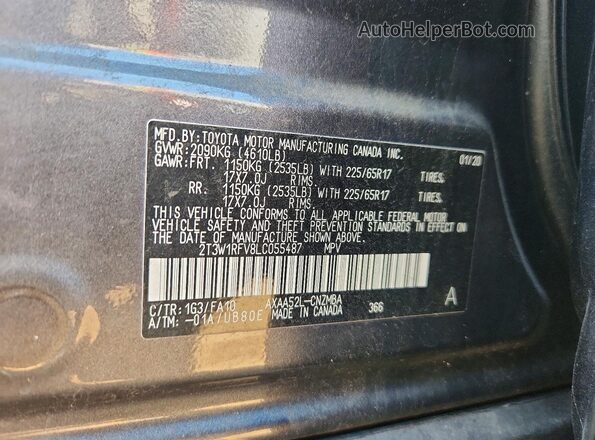 2T3W1RFV8LC055487 2020 TOYOTA RAV4 Gray VIN կոդի պիտակի տեսք