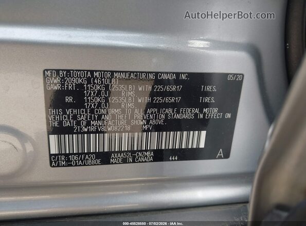 2T3W1RFV8LW082218 2020 TOYOTA RAV4 Серый Вид подкапотного пространства